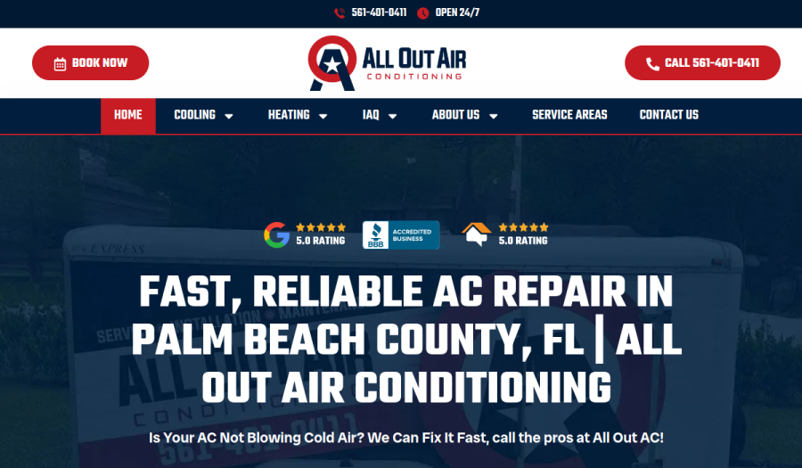 Homepage screenshot of All Out AC, an HVAC company website built for fast, mobile-first service requests — designed by SEO Tier 1