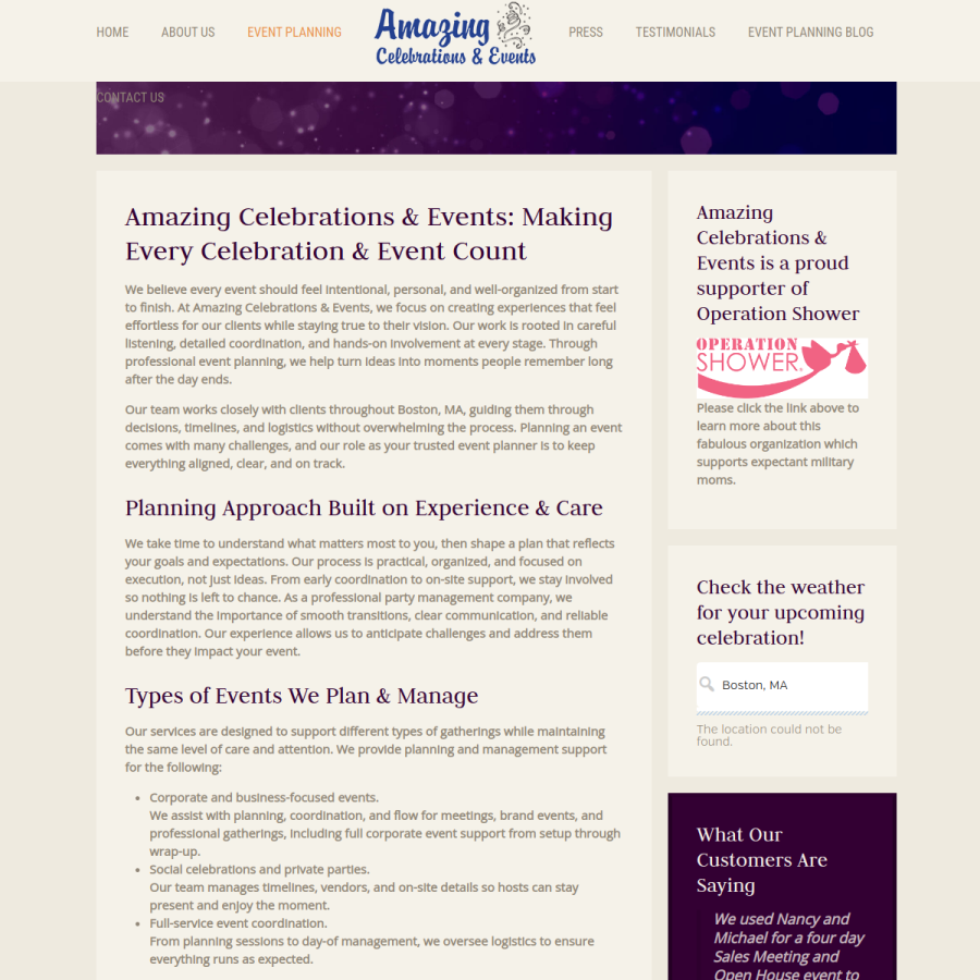 Screenshot of the Amazing Celebrations & Events website