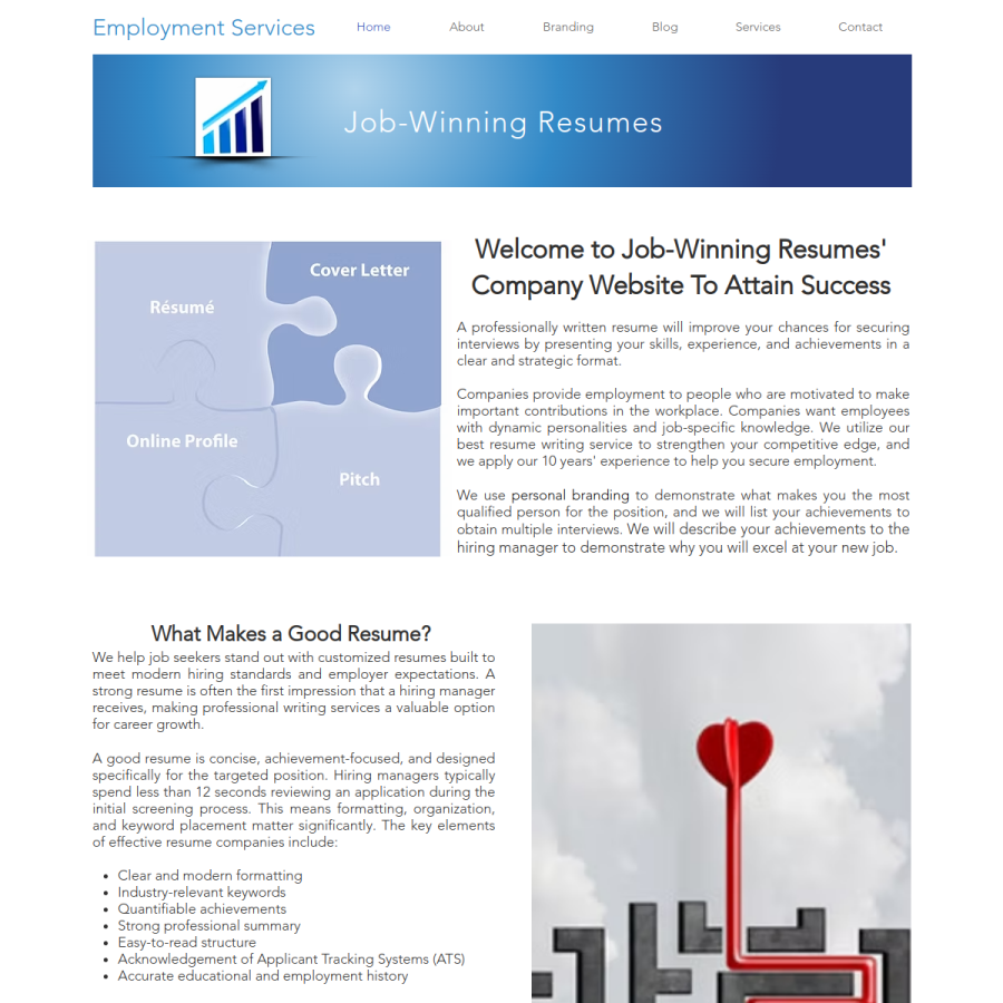 Screenshot of the Job Winning Resumes website