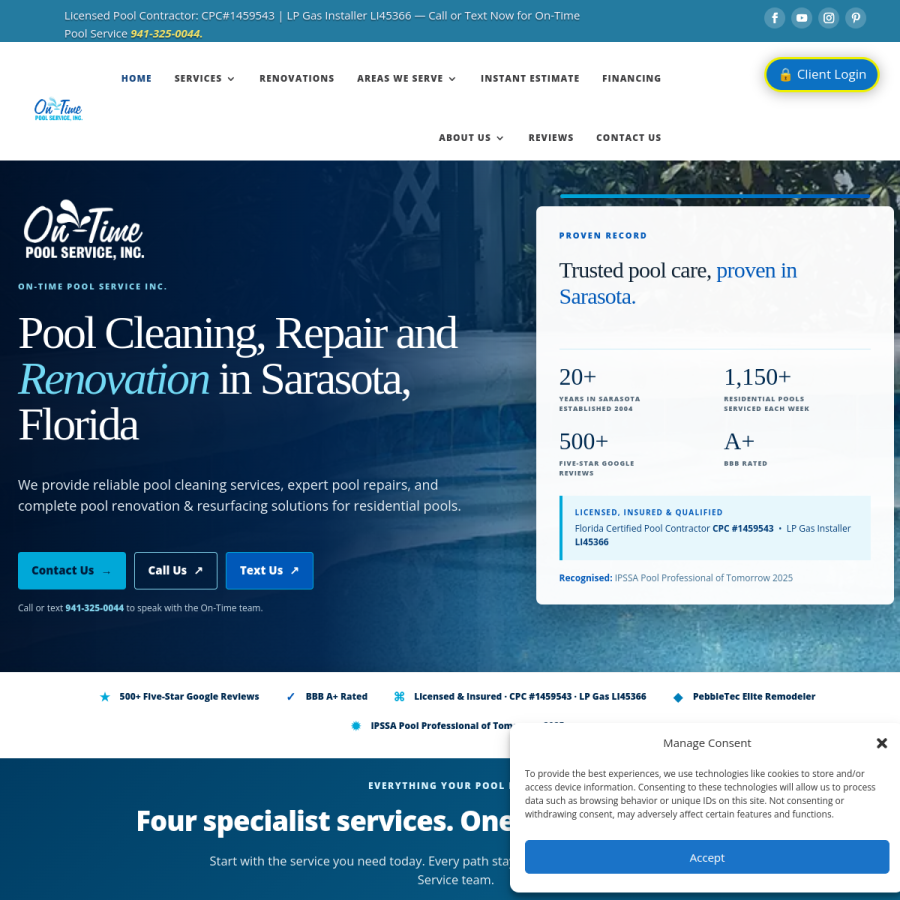 Screenshot of the On-Time Pool Service, Inc. website
