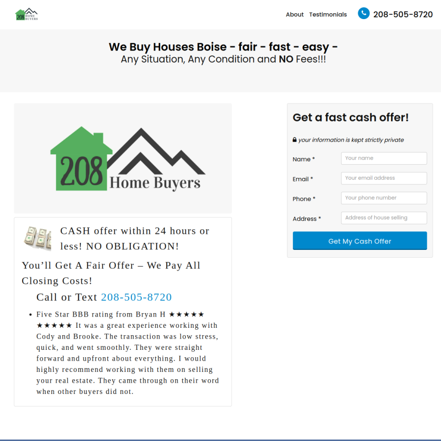 Screenshot of the 208 Home Buyers website