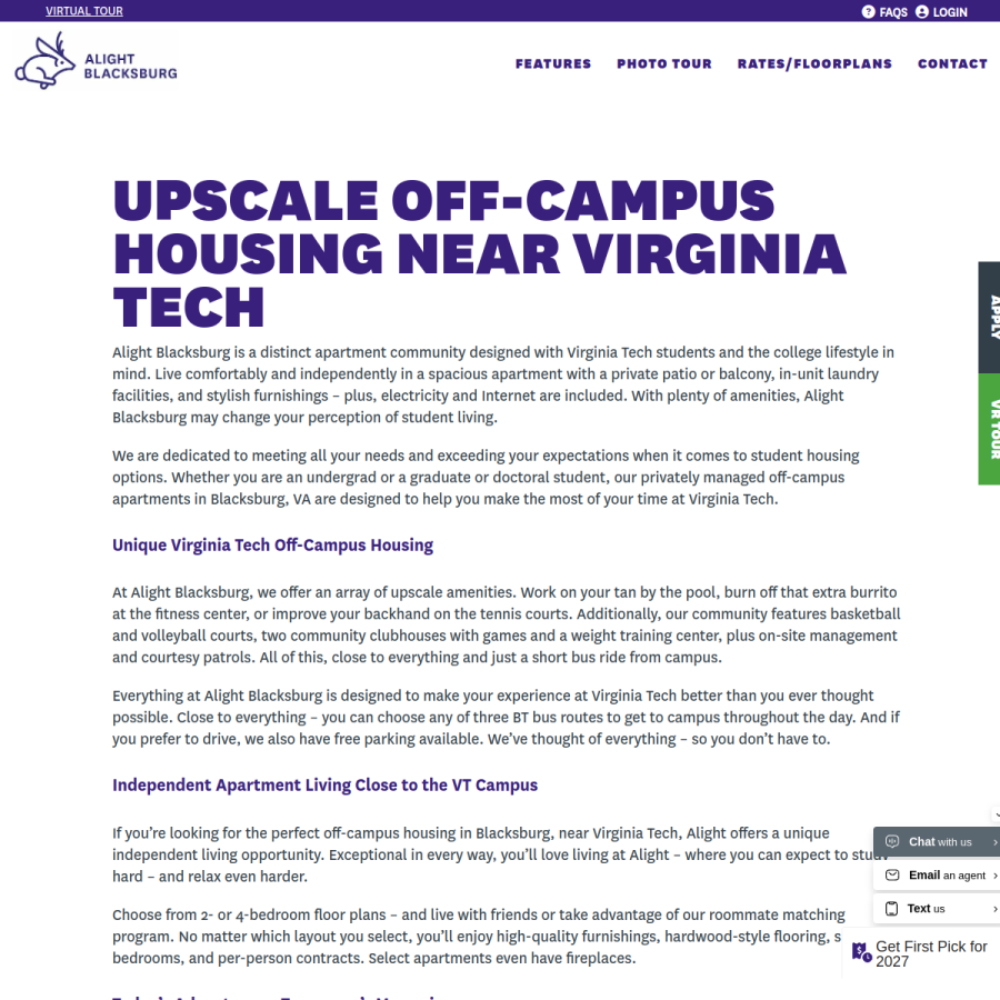 Screenshot of the Alight Blacksburg website