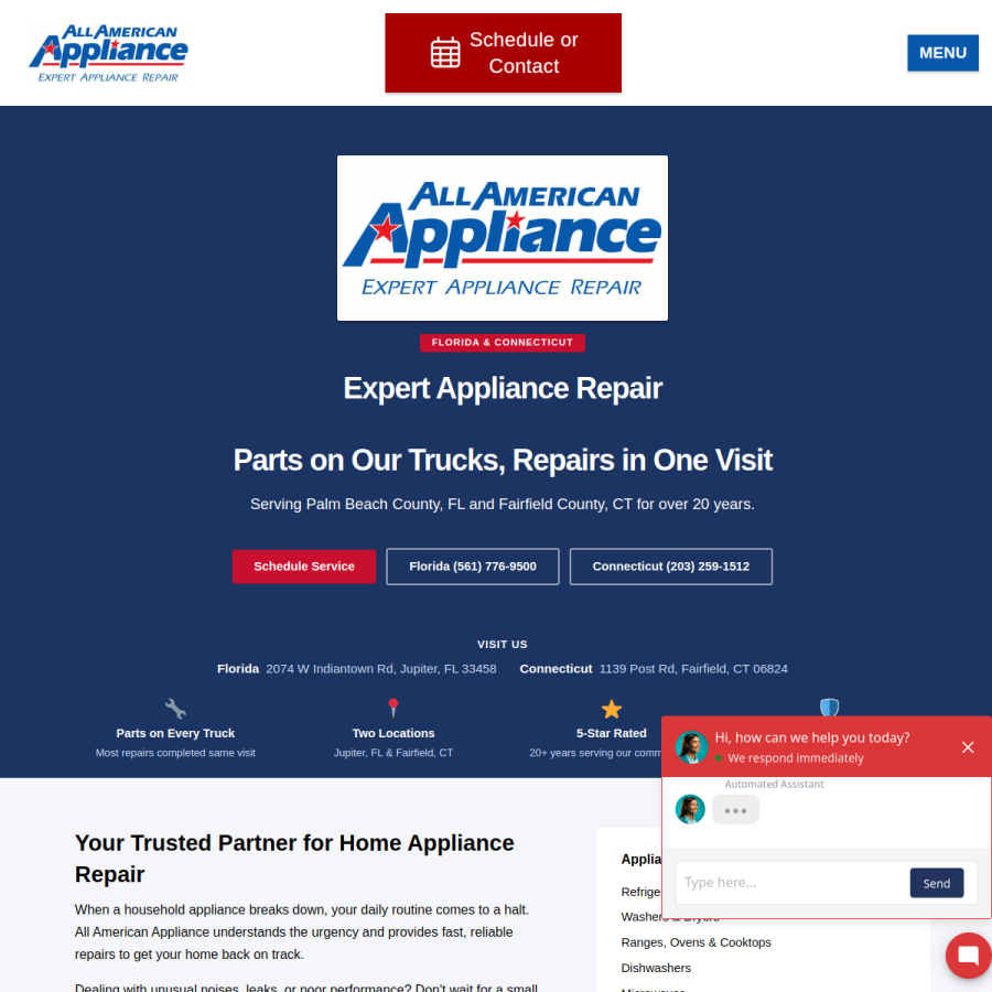 Screenshot of the All American Appliance Inc website
