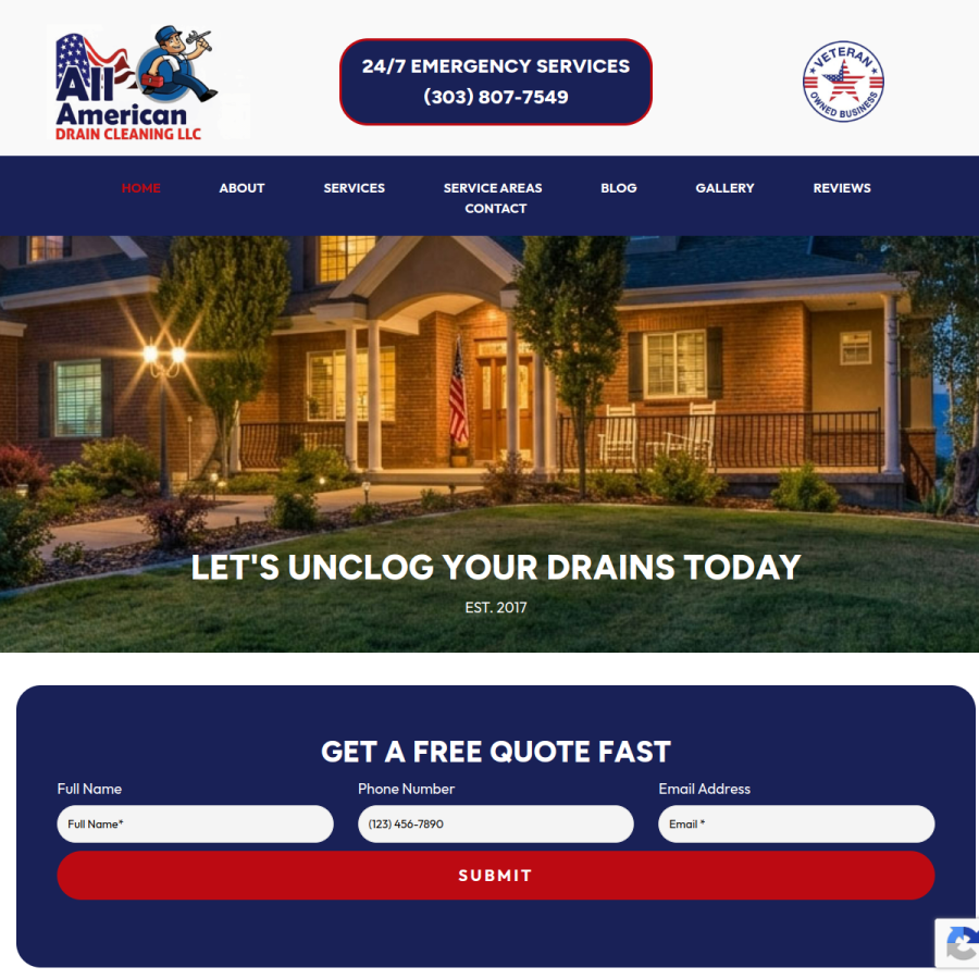 Screenshot of the All American Drain Cleaning, Llc website