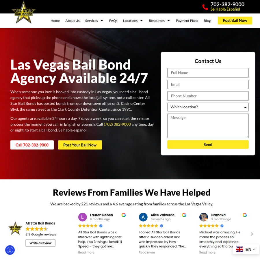 Screenshot of the All Star Bail Bonds website