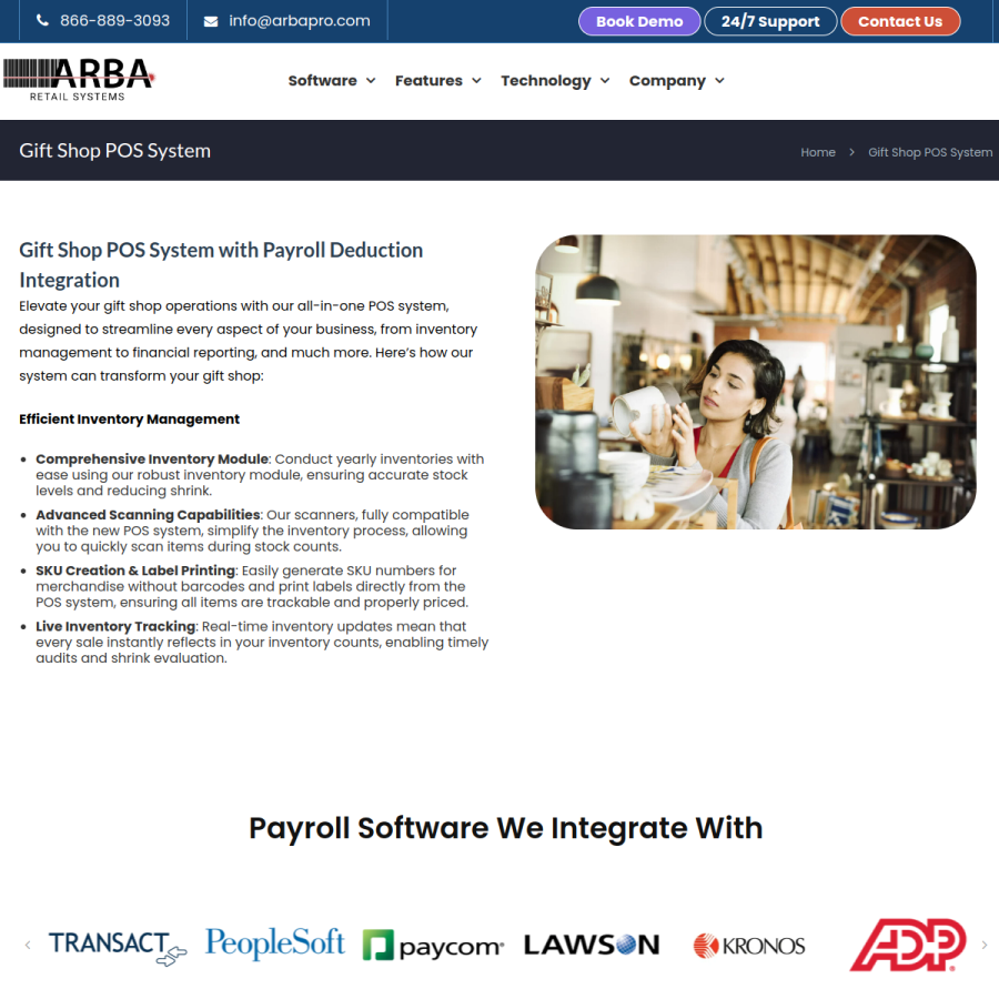 Screenshot of the ARBA Retail Systems website