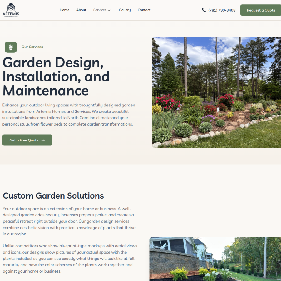 Screenshot of the Artemis Homes and Services website