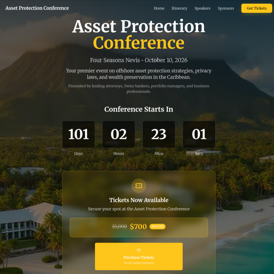 Asset Protection Conference event website with countdown timer and ticket call to action built by Hunter Solutions Group