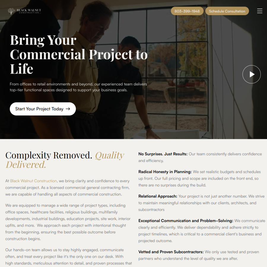 Screenshot of the Black Walnut Construction, LLC website