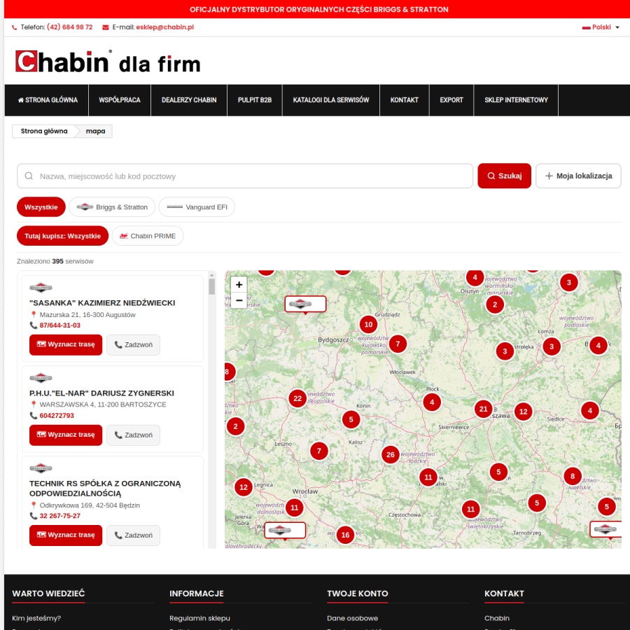 Podgląd interaktywnej mapy serwisów Chabin