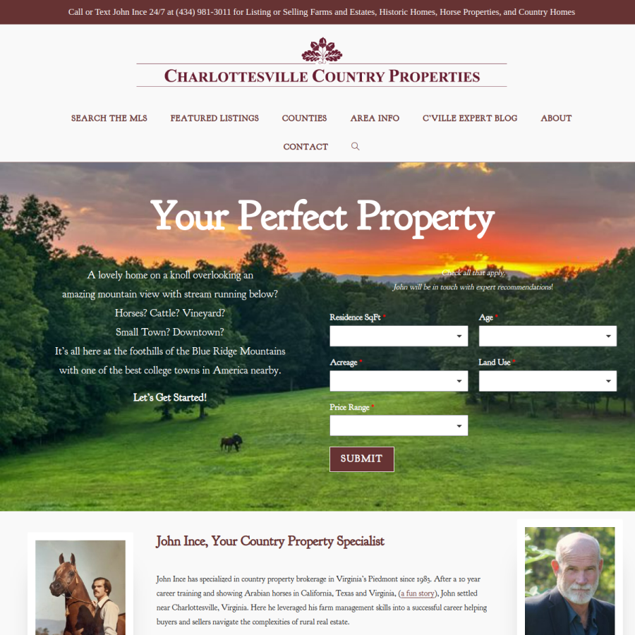Screenshot of the Charlottesville Country Properties website
