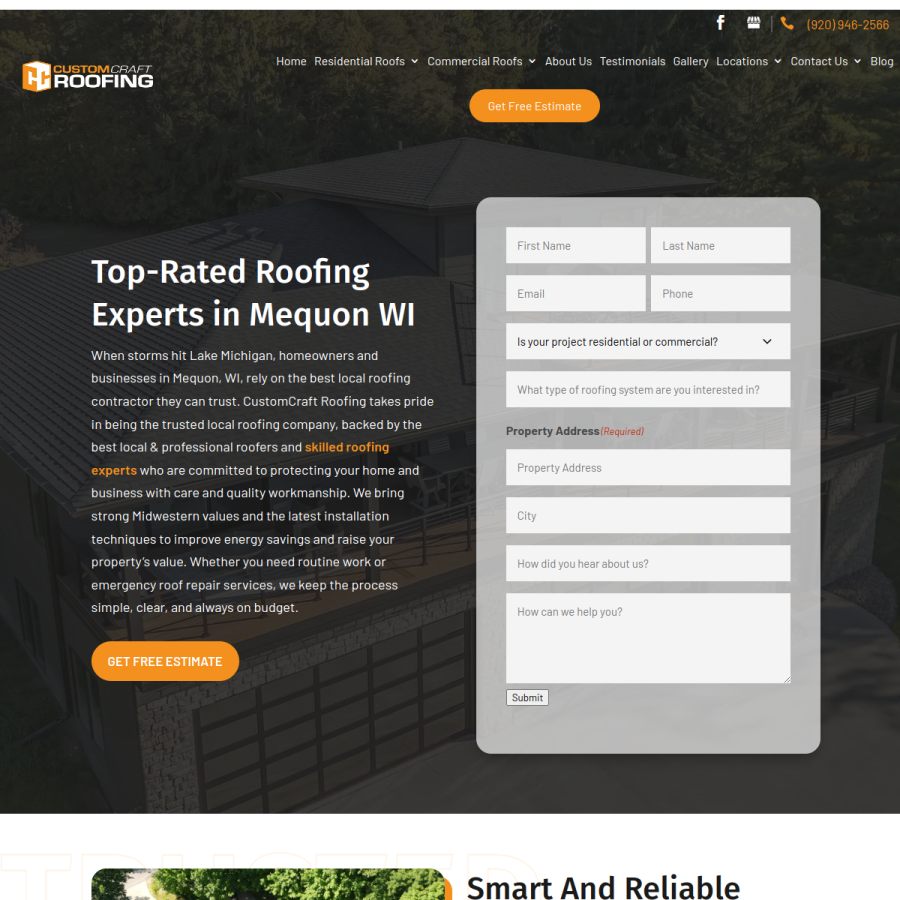 Screenshot of the CustomCraft Roofing & Construction, LLC website