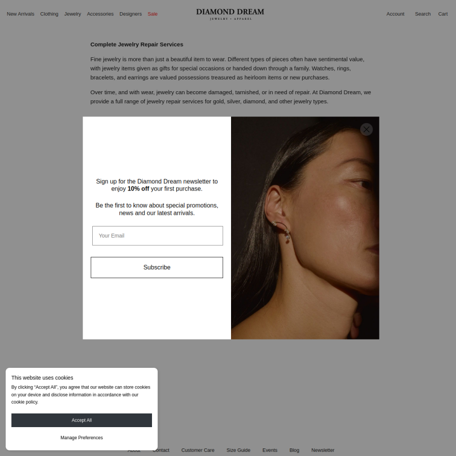 Screenshot of the DIAMOND DREAM JEWELRY & APPAREL website