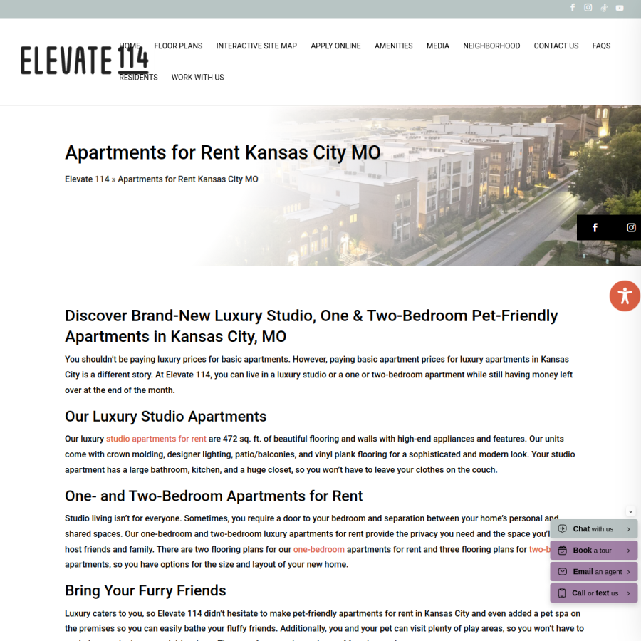 Screenshot of the Elevate 114 Apartments website