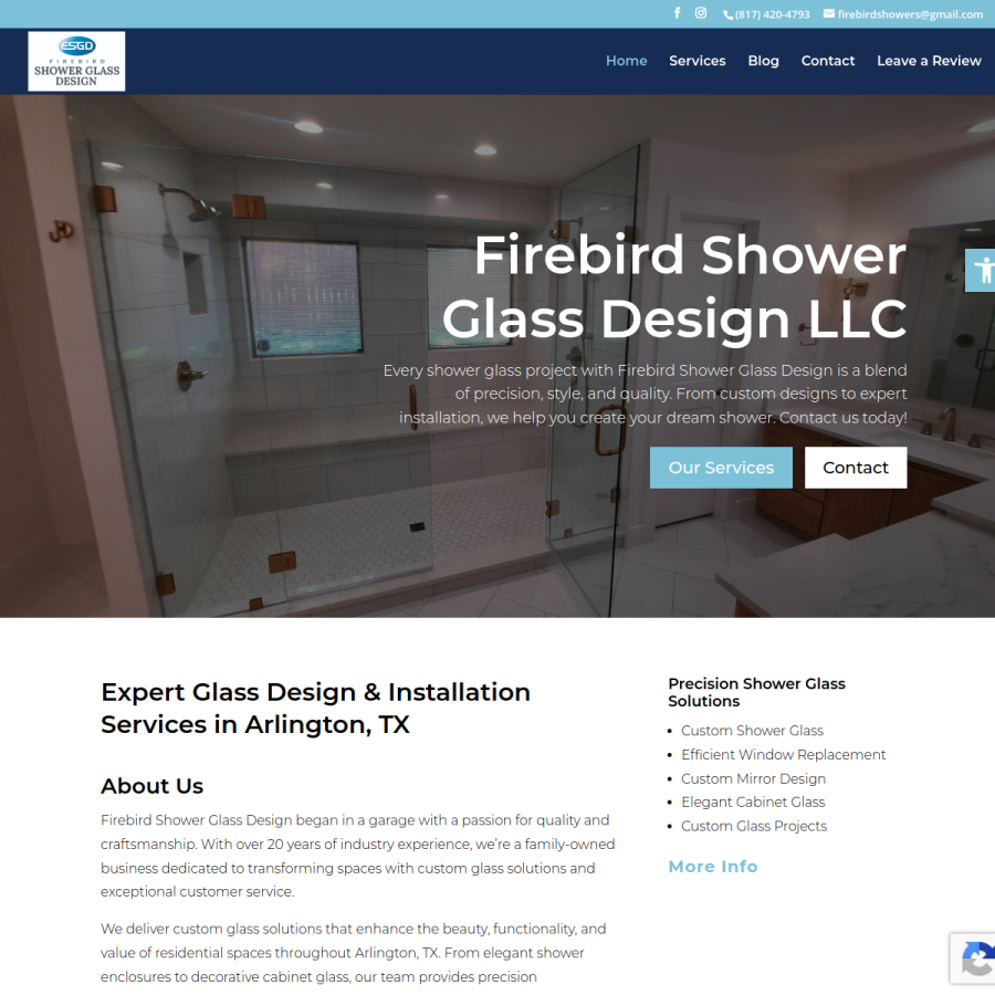 Screenshot of the Firebird Shower Glass Design LLC website