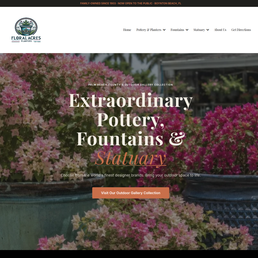 Screenshot of the Floral Acres Planters website