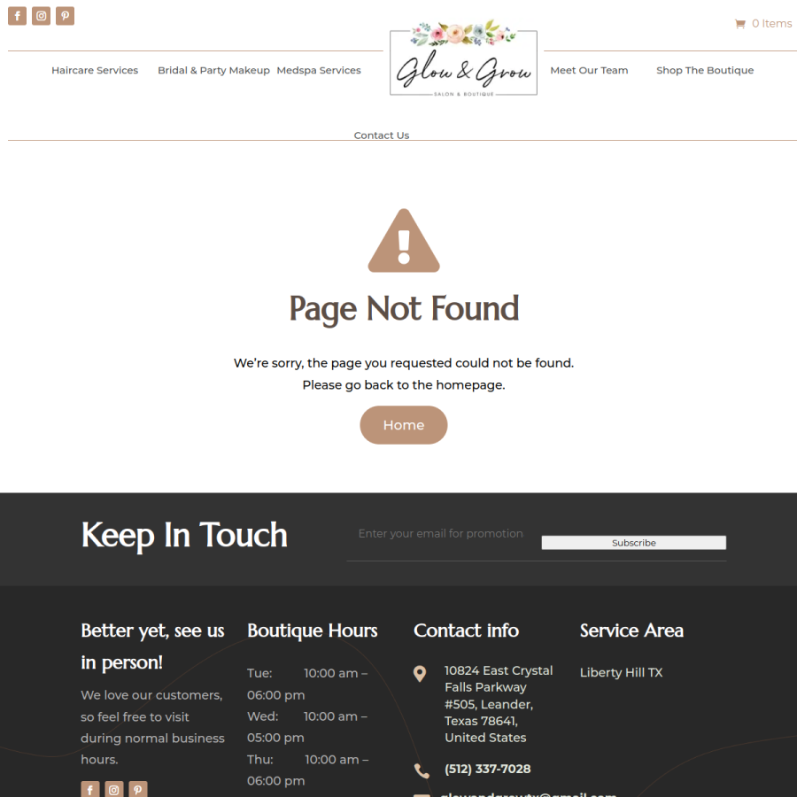Screenshot of the Glow & Grow Salon and Boutique website