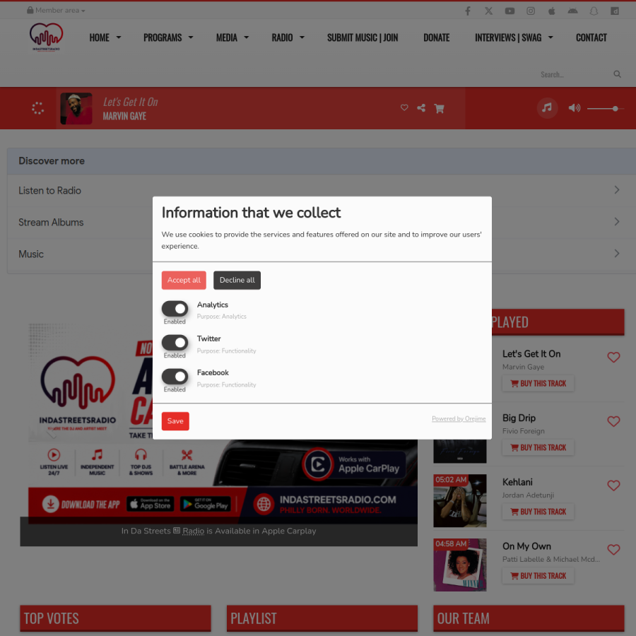 Screenshot of the In Da Streets Radio website
