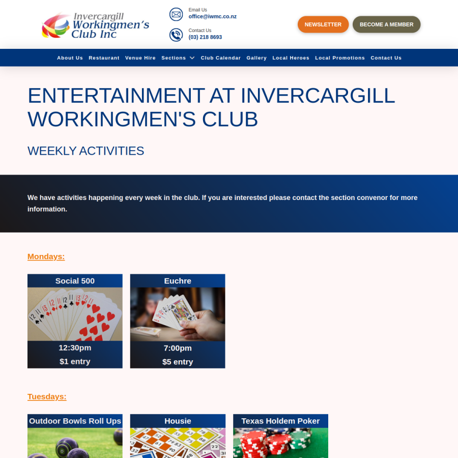 Screenshot of the Invercargill Workingmen's Club website