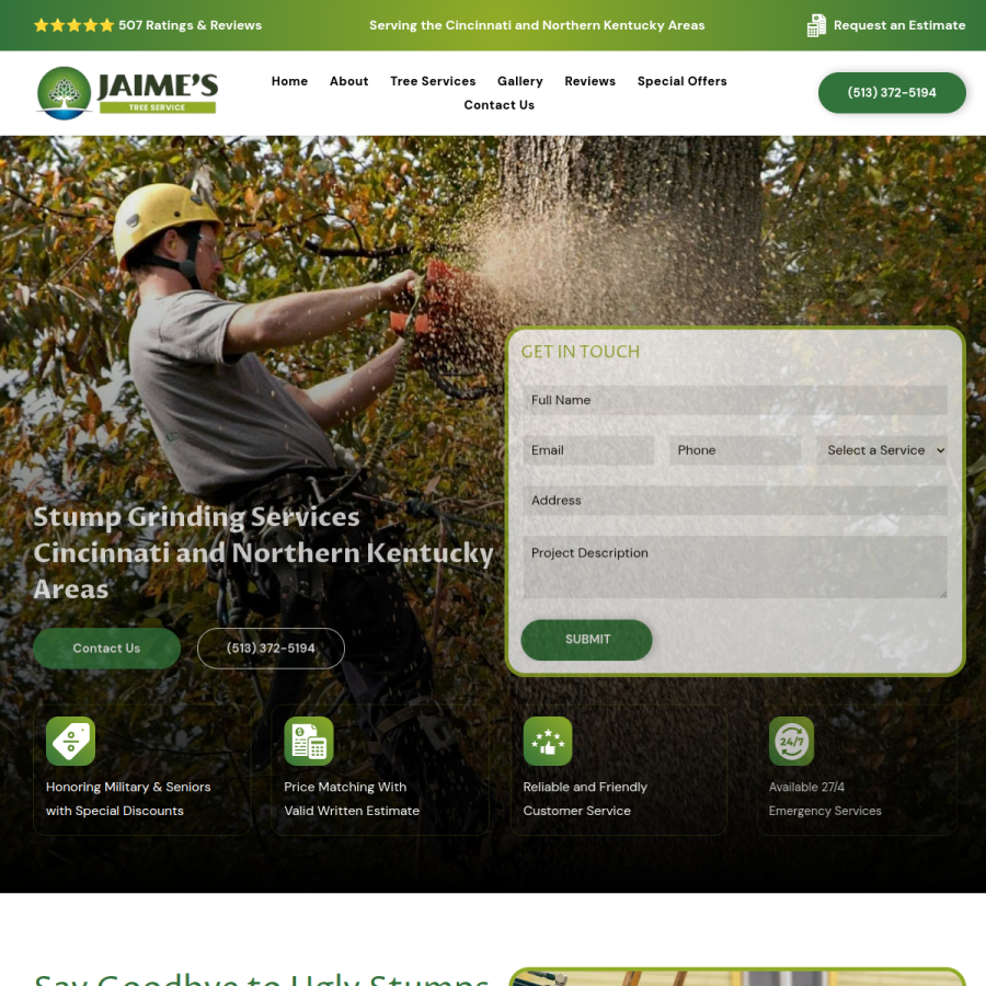 Screenshot of the Jaime's Tree Service website
