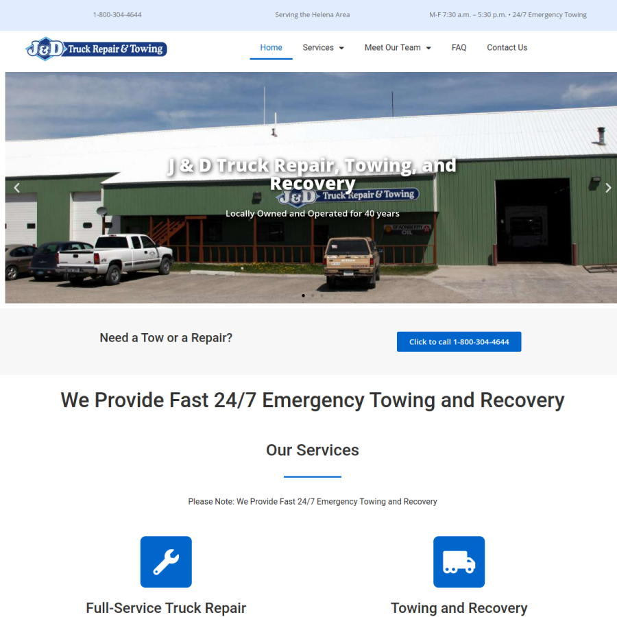 Screenshot of the J&D Truck Repair & Towing website