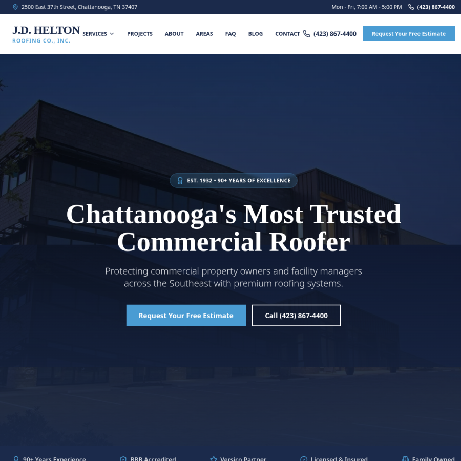 Screenshot of the JD Helton Roofing Co website