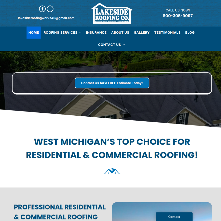 Screenshot of the Lakeside Roofing Company website