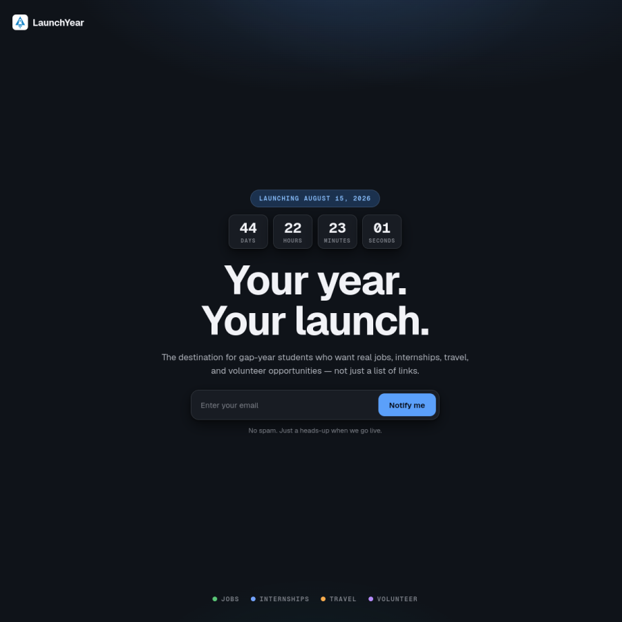 LaunchYear gap-year opportunities marketplace homepage built by Hunter Solutions Group