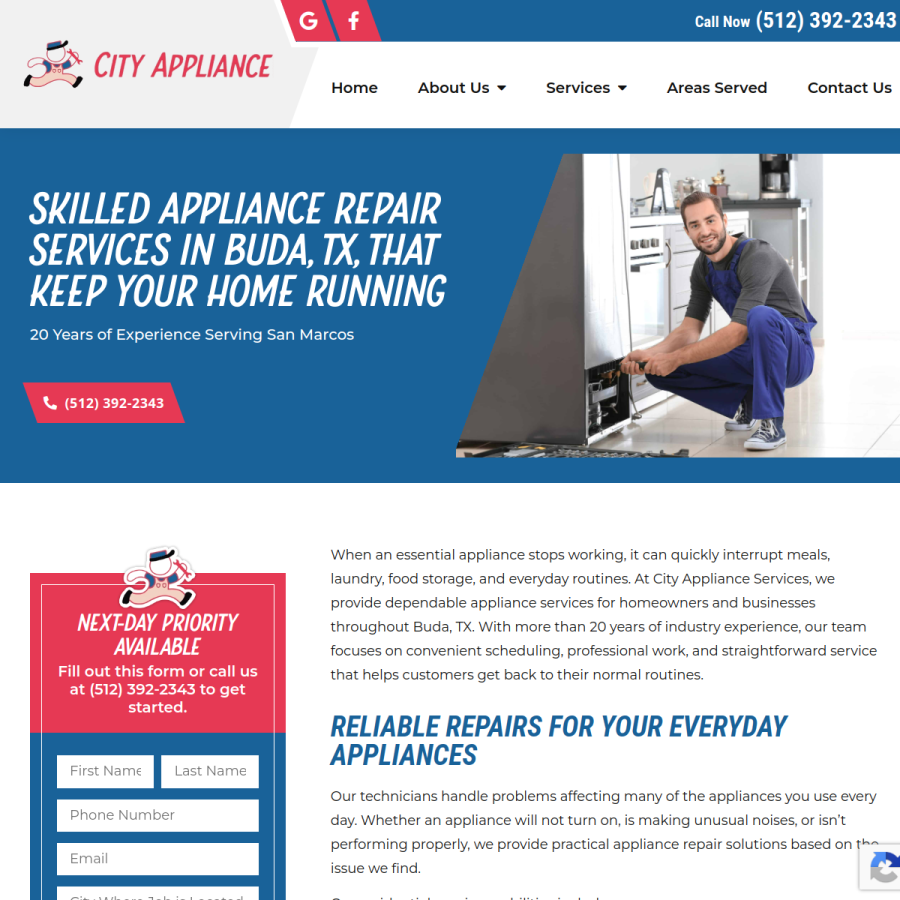 Screenshot of the City Appliance Services website