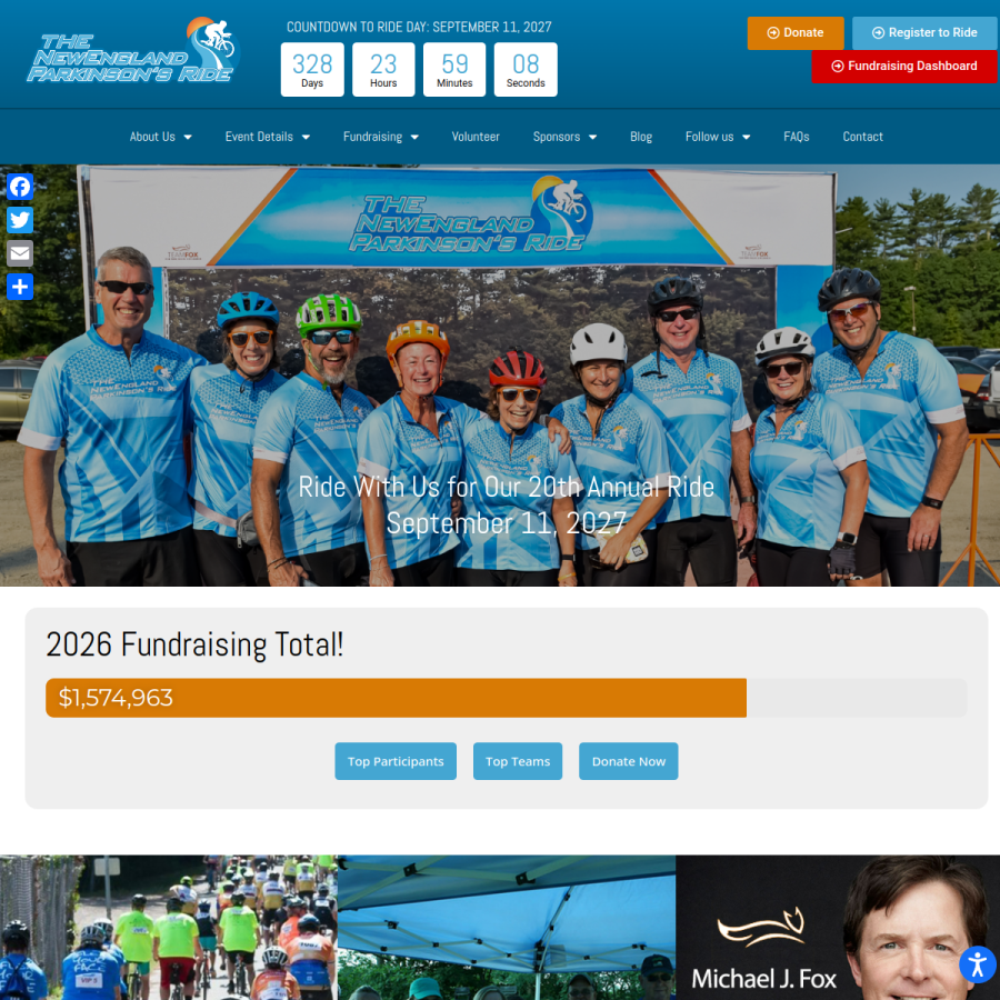 Screenshot of the New England Parkinson's Ride website