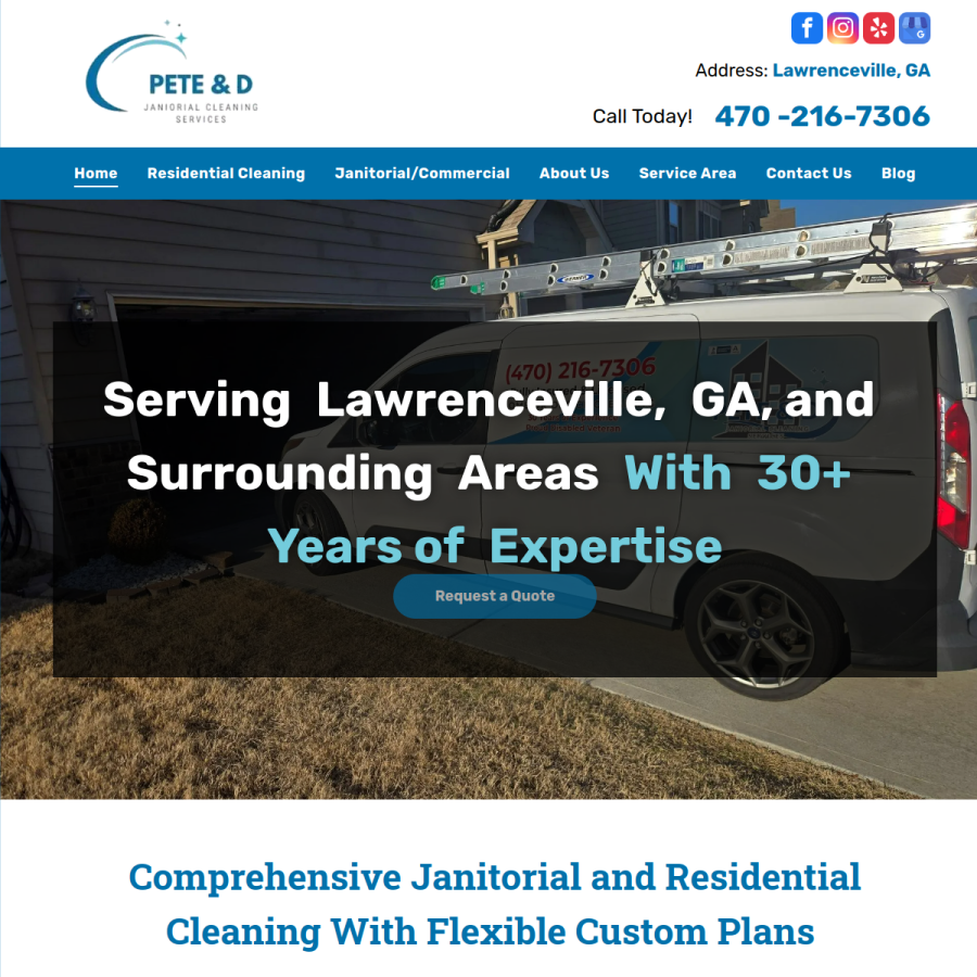 Screenshot of the Pete and D Janitorial Service website