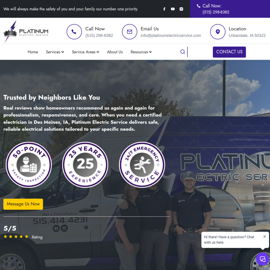 Screenshot of the Platinum Electric Service website