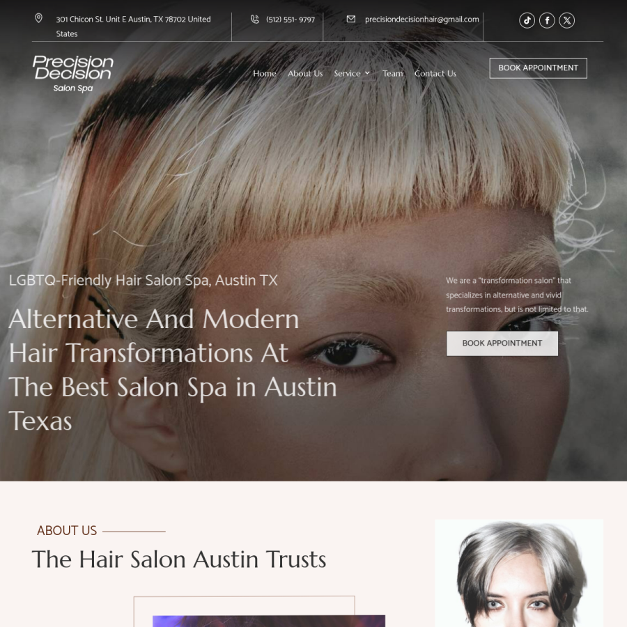 Screenshot of the Precision Decision Salon Spa website