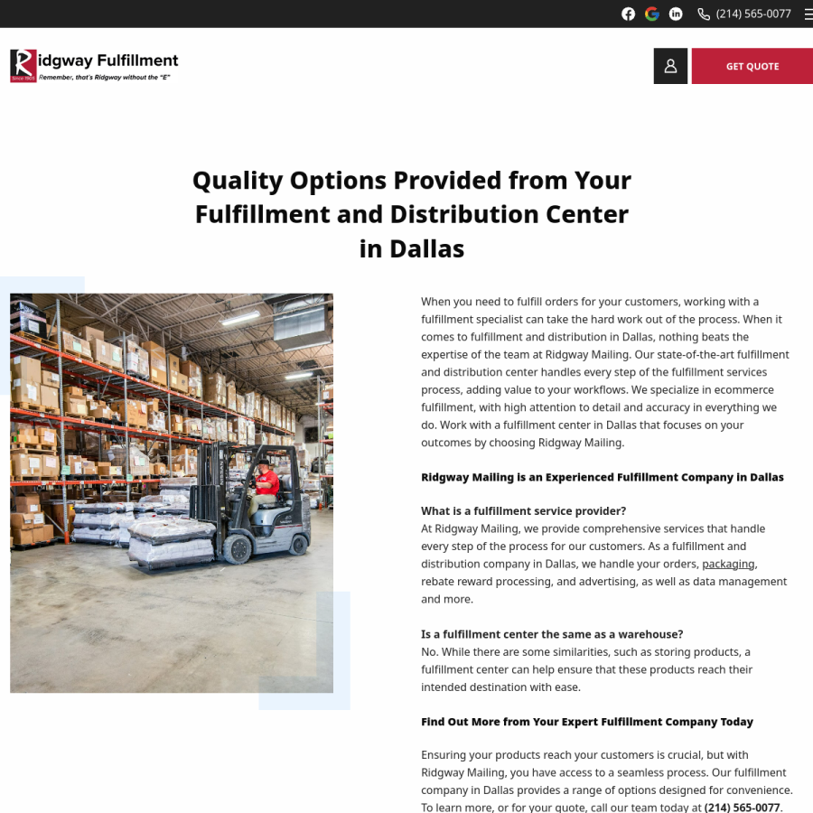 Screenshot of the Ridgway Mailing Co website