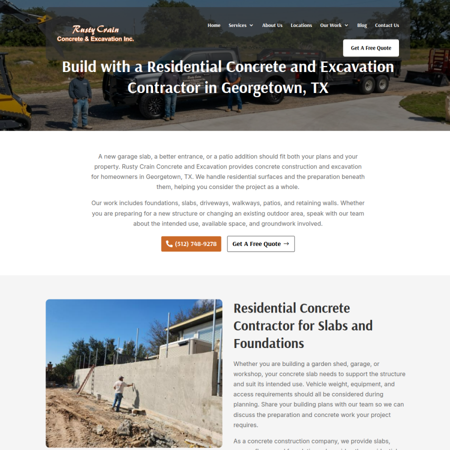 Screenshot of the Rusty Crain Concrete & Excavation website