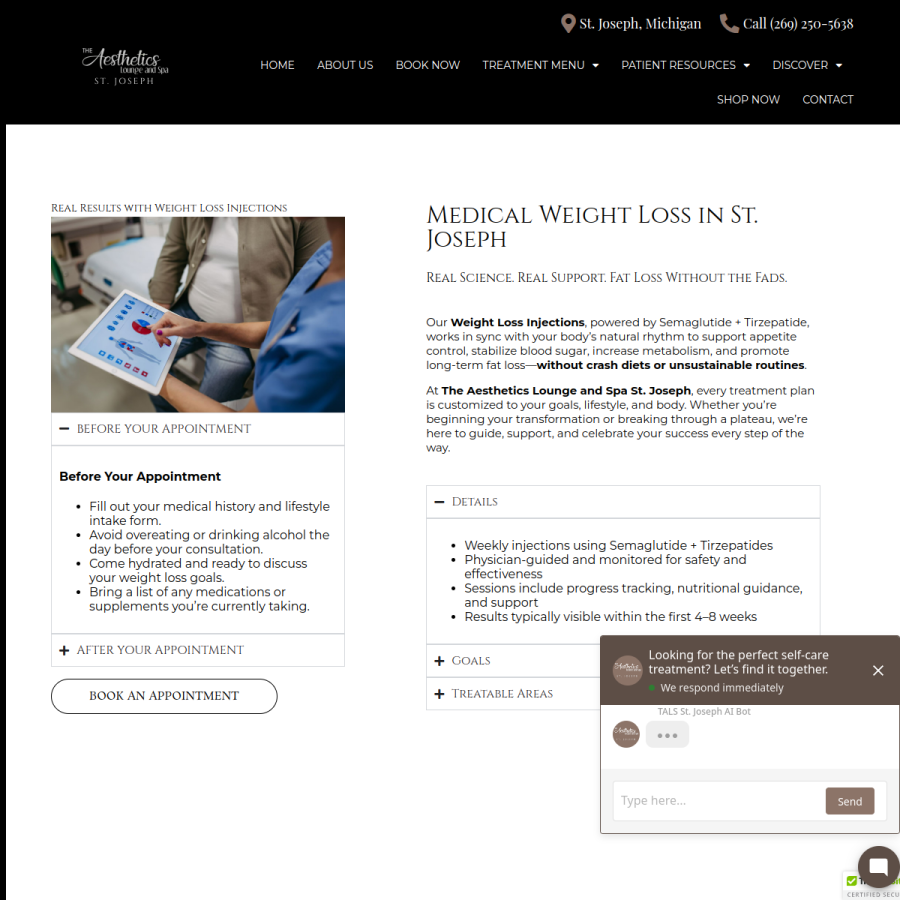 Screenshot of the The Aesthetics Lounge & Spa St. Joseph website