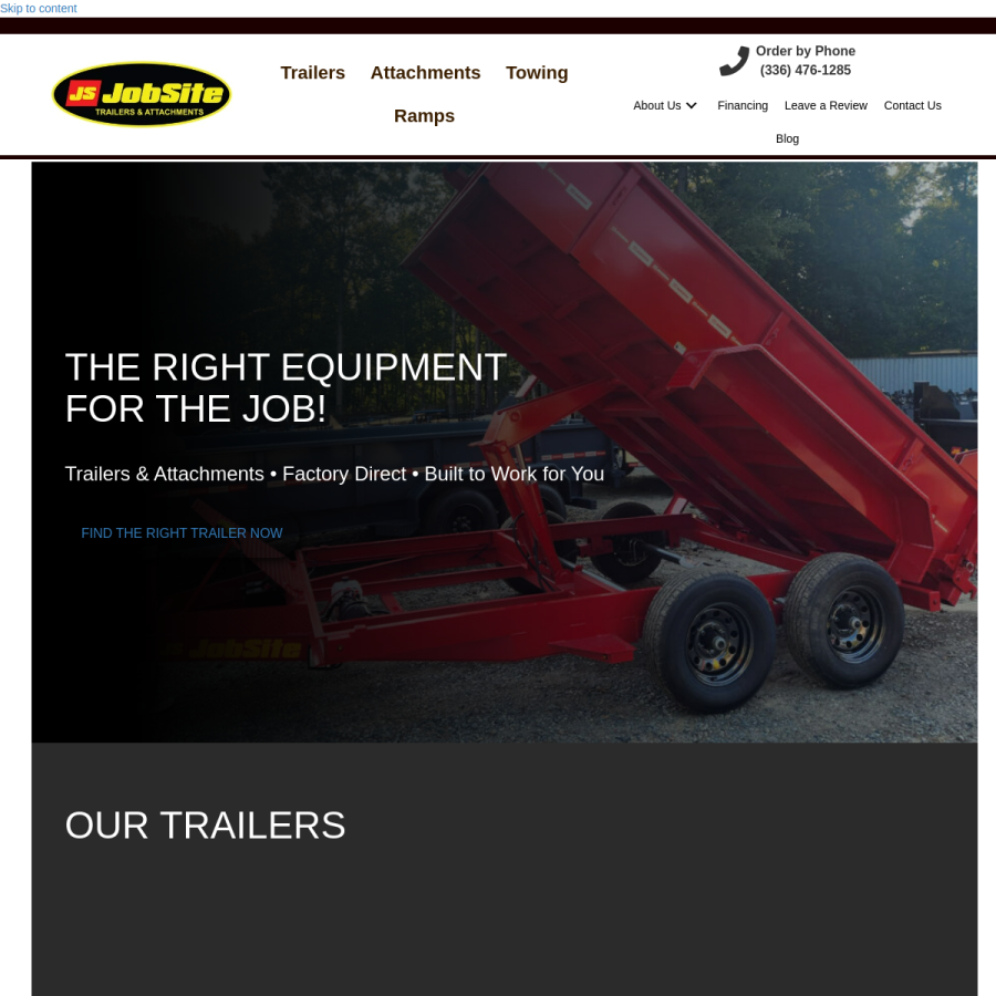 Screenshot of the JobSite Trailers and Attachments, LLC website