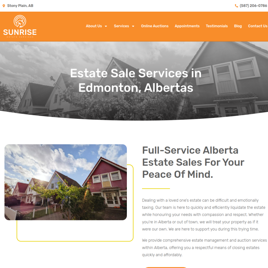 Screenshot of the Sunrise Estate Services website