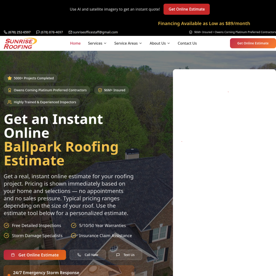 Screenshot of the Sunrise Roofing LLC website