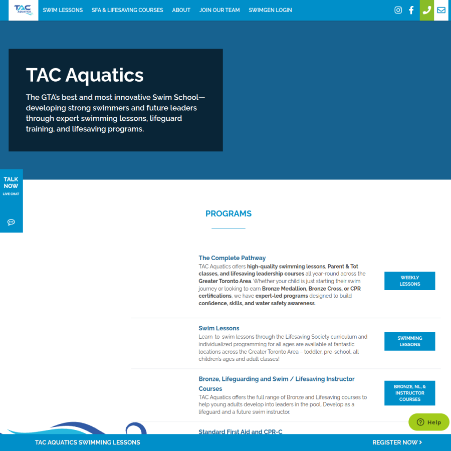 Screenshot of the TAC Aquatics – Children Swimming School In Toronto website
