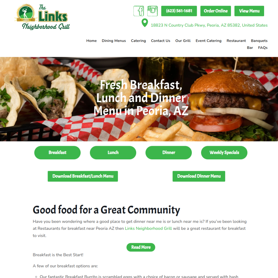 Screenshot of the The Links Neighborhood Grill website