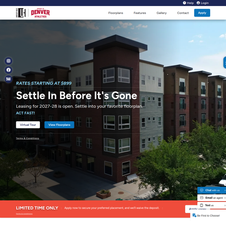 Screenshot of the University House Denver website