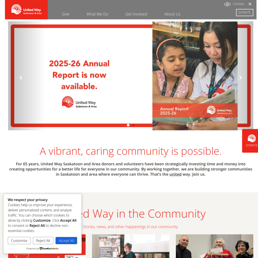 Screenshot of the United Way of Saskatoon & Area website