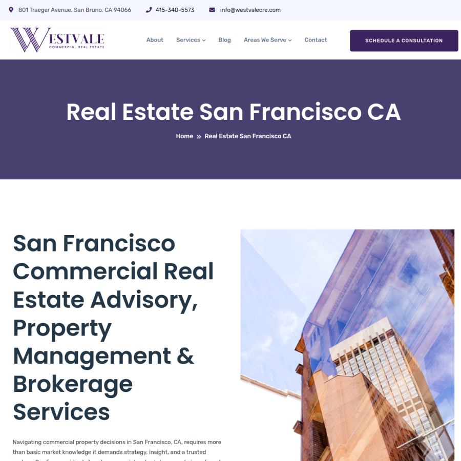 Screenshot of the WestVale Commercial Real Estate website