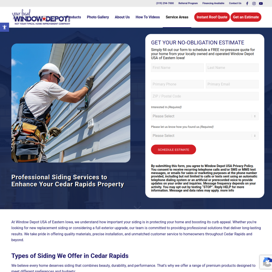Screenshot of the Window Depot USA of Eastern Iowa website