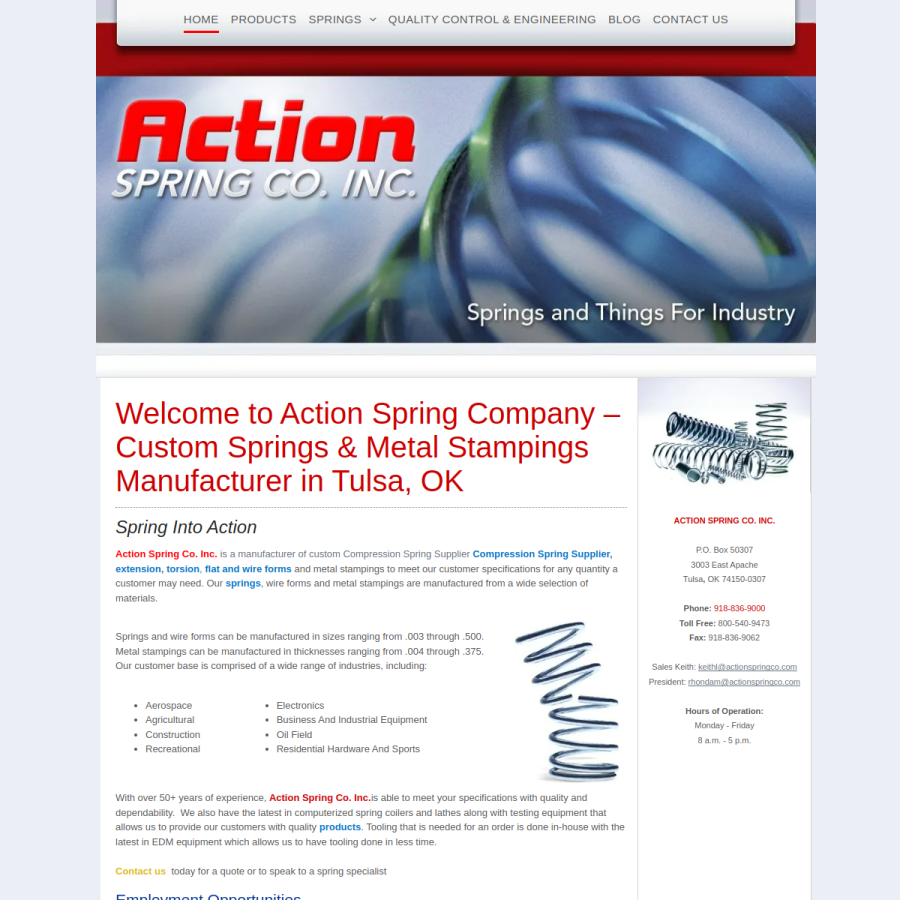 Screenshot of the Action Spring Company website