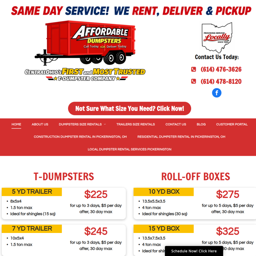 Screenshot of the Affordable Dumpsters website