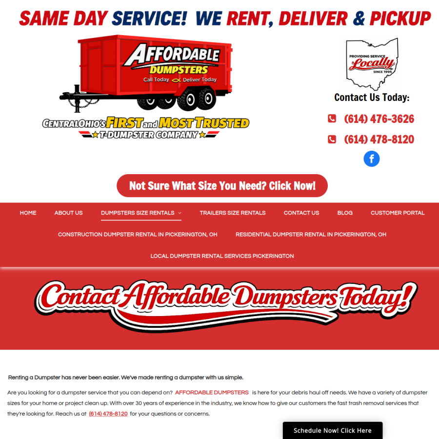 Screenshot of the Affordable Dumpsters website