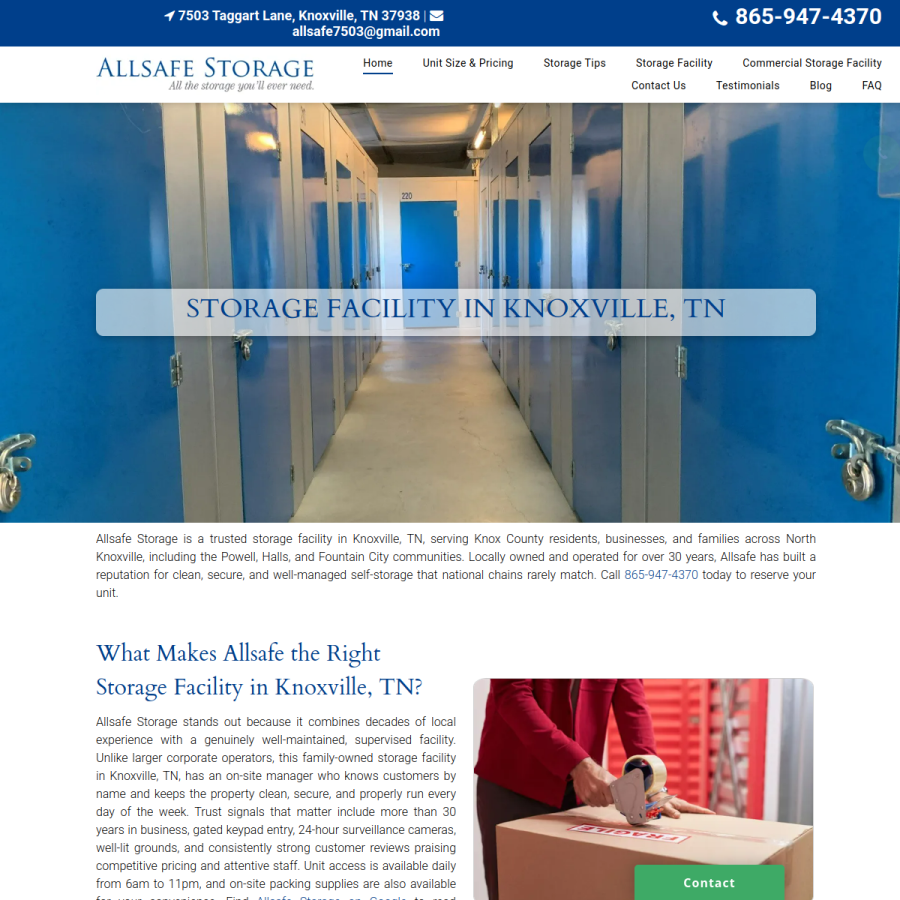 Screenshot of the Allsafe Storage website