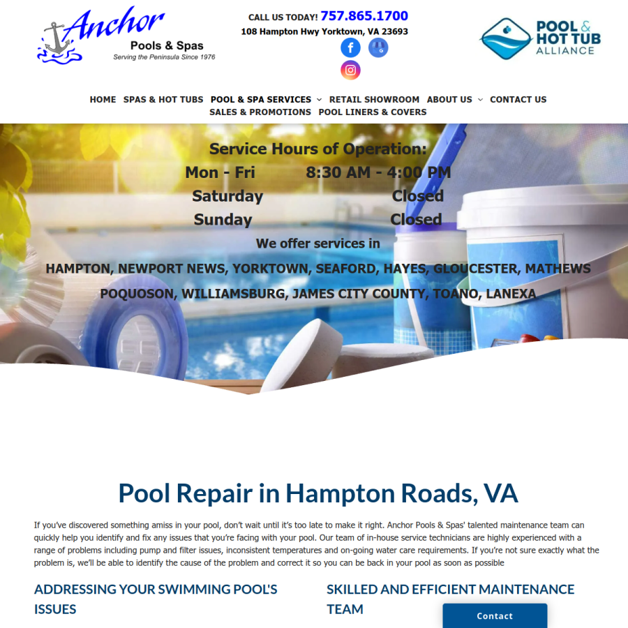 Screenshot of the Anchor Pools & Spas website